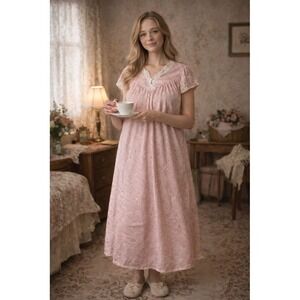 Nordstrom Lingerie Nightgown Womens 2XL Plus Pink Floral Lace Trim V-Neck granny